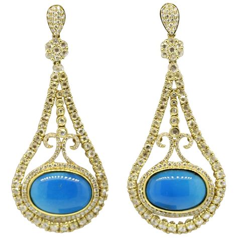Turquoise Yellow Gold Oval Drop Earrings At Stdibs