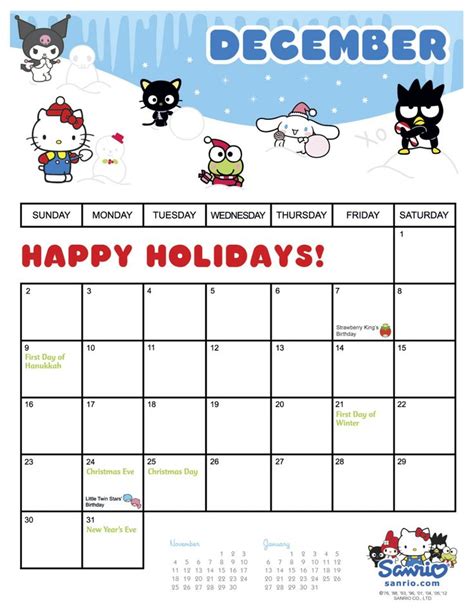 Cute Calendar December 2012 Love Kawaii Sanrio 2012 December