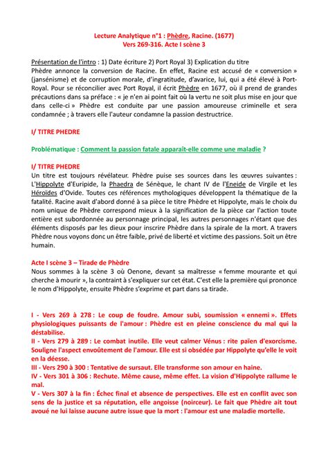 Lecture Analytique n1 Phèdre I 3 Lecture Analytique n1 Phèdre