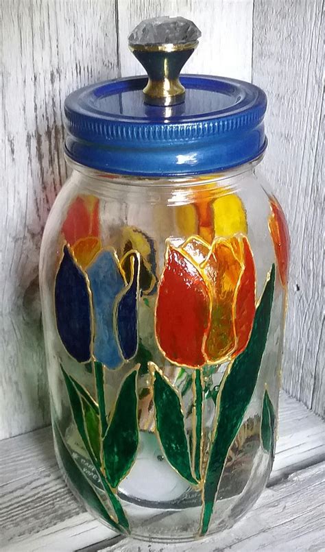 Mason Jar Tulips Artfully Hand Painted Mason Jar Decor Candle Etsy