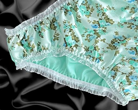 Mint Green Satin Floral Frilly Lace Sissy Bikini Knickers Panties Size