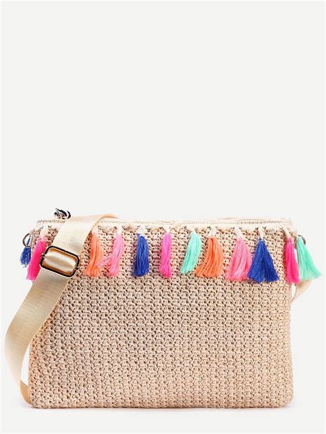 Beige Tassel Trim Straw Clutch Bag Sheinsheinside