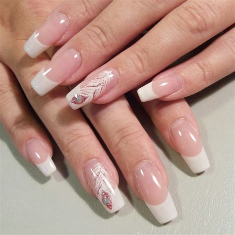 Simple French Gel Nail Designe With Peacoc Feather French Tip Gel