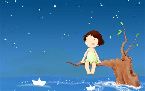 Cartoon Vector Art Girl Ocean Sea Night Mood Trees Boats Sky