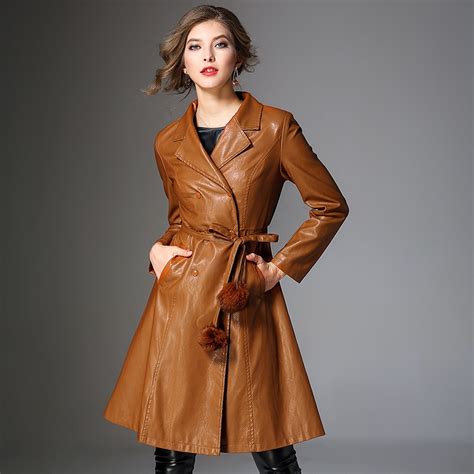 2018 Autumn New Pu Leather Jackets Womens Long Trench Coat Female