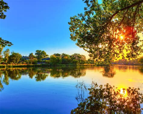 Wallpaper Spring Sunset Lake Water Reflection Trees Sunlight Blue