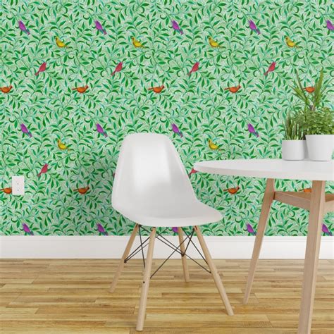 Peel And Stick Wallpaper 2ft Wide Nature Green Leaves Whimsical Bird