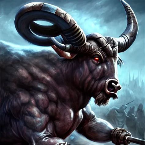 Epic Bull Headed Minotaur Beast In Heavy Armor Made Of Stable Diffusion
