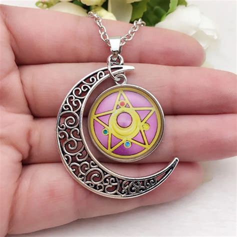 New Anime Sailor Moon Glass Hollow Moon Shape Pendant Silver Tone Necklace In Chain Necklaces
