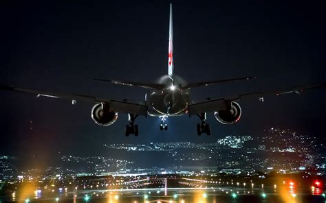 Landscape Night Airport Airplane Lights Landing Technology Osaka