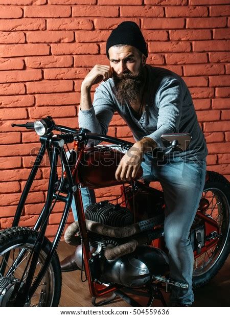 Young Handsome Bearded Man Hipster Biker Stock Photo Edit Now 504559636