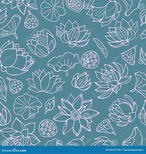 Vector Seamless Blue Green Floral Pattern With Pink Lotus Flowers And