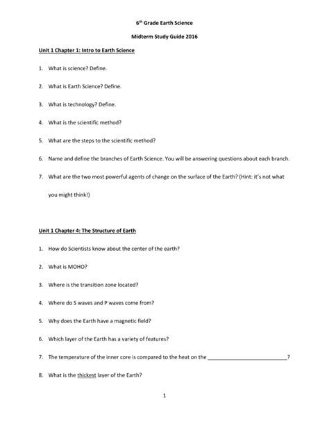 6th Grade Earth Science Midterm Study Guide 2016 Unit 1 Chapter