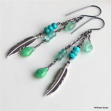 Teal Turquoise Feather Dangle Earrings Sterling Silver Long