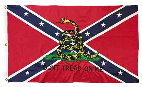 Beneath the rattlesnake are the words: Rebel Don't Tread On Me 3x5 Flag 2-Ply Polyester