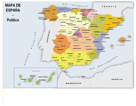 España, oficialmente el reino de españa, es un país en el suroeste de europa con 48,958,159 (2017) habitantes y un área de 505,992 km². Mapa político de España - Imagenes Educativas