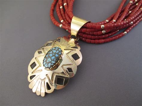 Coral And 14kt Gold Necklace With 14kt Gold And Apache Blue Turquoise Centerpiece By Native American