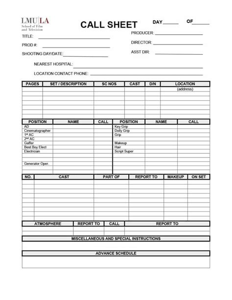 Film Call Sheet Template Word Professional Template