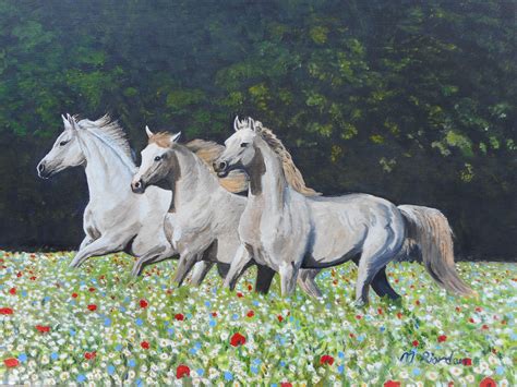 White Horses In Flower Meadow Original Art From West Country Galleries