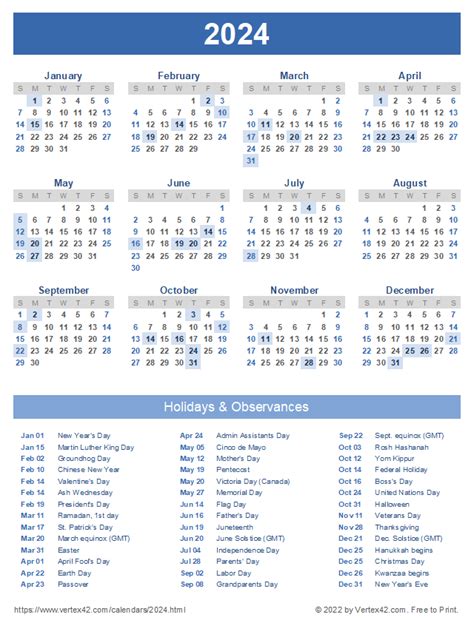 Free Printable 2024 Calendar With Holidays And Observances Diann Florina