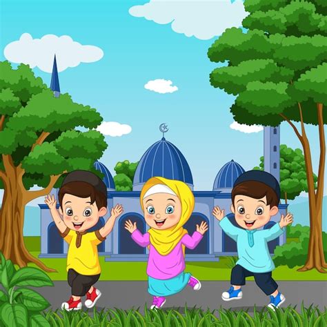 Premium Vector Happy Muslim Kid Cartoon In Front Of Mosque Background