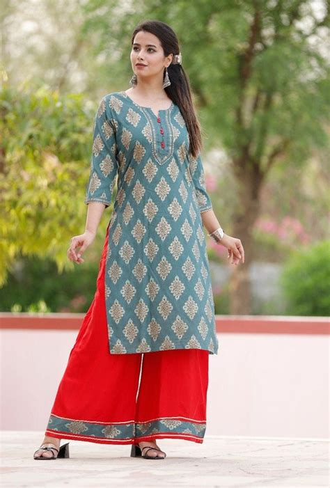 Beautiful Cotton Printed Kurti With Cotton Lace Plazo With Etsy Dress Indian Style