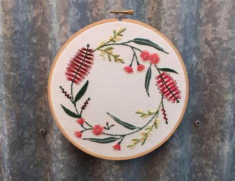 Hand Embroidered Australian Natives Wreath 18cm Diametre Etsy