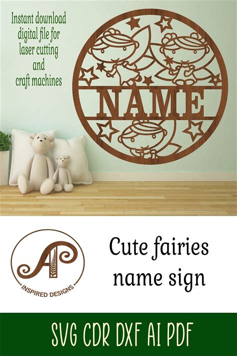 Cute Fairies Name Sign Svg Laser Cut Template Door Or Wall