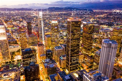 Aerial Of Downtown Los Angeles California At Night Stock Photo
