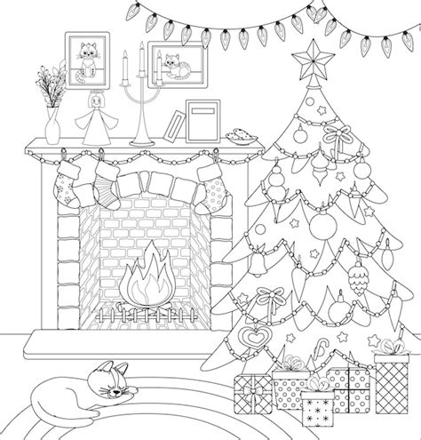 Premium Vector Christmas Interior Coloring Page Black And White Cozy