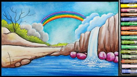 How To Draw Easy Scenery 2 How To Draw Rainbow And Waterfall Scenery