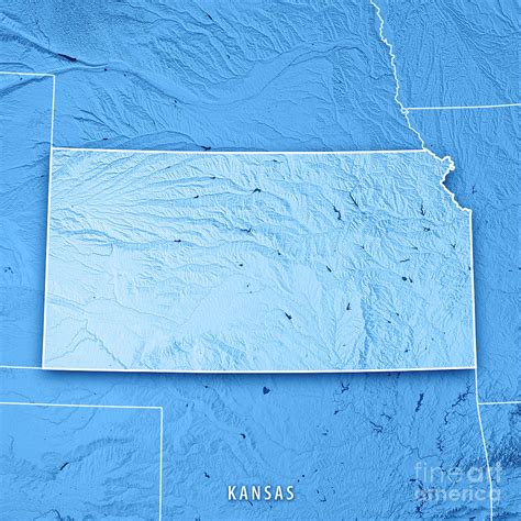 Kansas State Usa 3d Render Topographic Map Blue Border Digital Art By