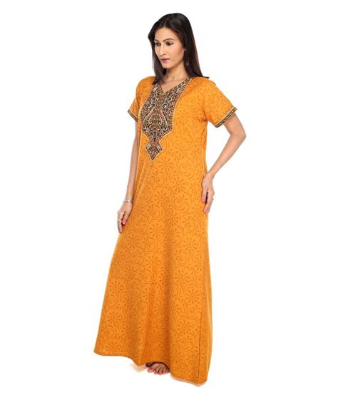 Buy Sana Mustard Cotton Nighty Embroidered Half Sleeves Printed With Pocket Online At Best