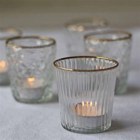 Ribbed Clear Glass Tea Light Holder With Gold Rim Candle Holders