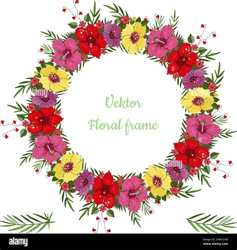 hibiscus and palm leaves round frame tropical plant wreath in vector stock vector image and art