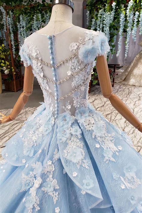 Light Sky Blue Gorgeous Prom Dress With Flowers Ball Gown Quinceanera