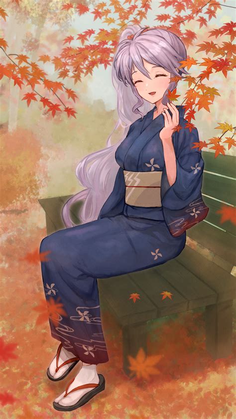 Safebooru 1girl Absurdres Autumn Leaves Bench Closed Eyes Commission