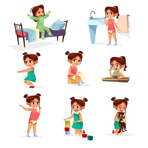 Free Vector Cartoon Girl Daily Routine Activity Set Female Character