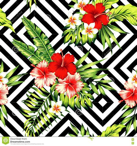 Individual flowers were drawn on a larger scale than entire. Hibiscus And Palm Leaves Tropical Pattern Stock Vector ...