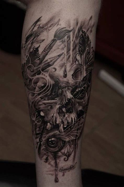 Black And Gray Style Colored Leg Tattoo Of Human Skull