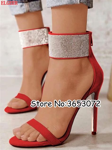 Shinny Rhinestone Red Black Suede Women Sandals Evening Party Sexy Lady High Heels Crystal
