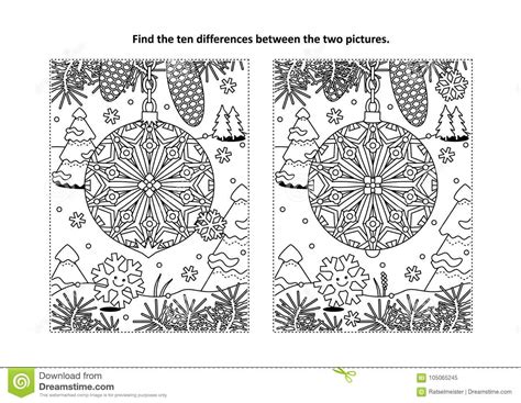 Find The Differences Visual Puzzle And Coloring Page With Christmas