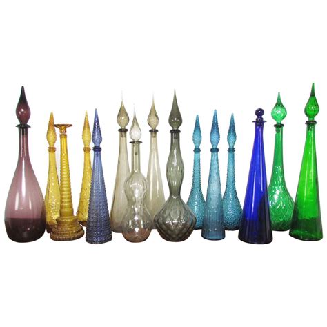 Large Collection Of Mid Century Modern Glass Genie Decanter Bottles From A Unique Collection