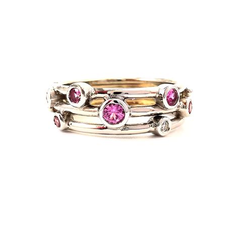 A Beautiful Tactile Dress Ring With Pops Of Colour This Ring Features Five Round Natural Pink