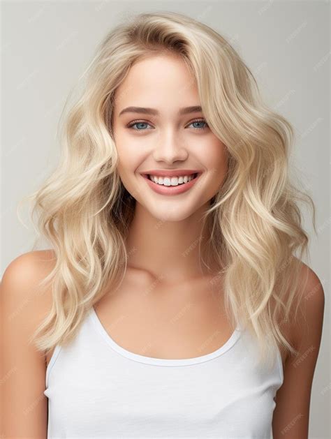 Premium Ai Image A Blonde Woman With Blonde Hair And A White Shirt Smiles With A Smile On Her