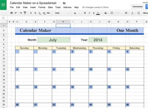 Calendar Spreadsheet —