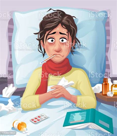 Young Sick Woman Lying In Bed Stock Illustration Download Image Now