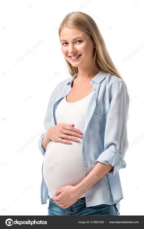 Happy Pregnant Woman Casual Clothes Looking Camera Isolated White Stock