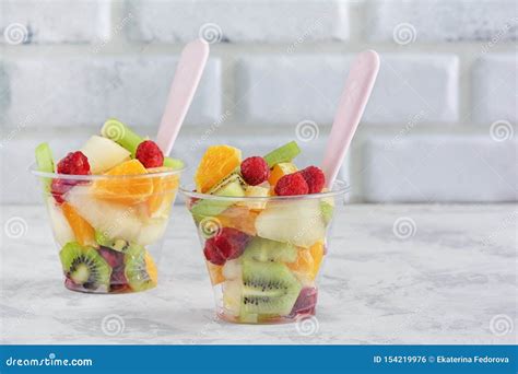 Fresh Assorted Fruit Salad In Takeaway Plastic Cup Stock Photo Image