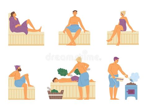 People In Wellness Club Steaming In Sauna Flat Vector Illustration Isolated Stock Vector